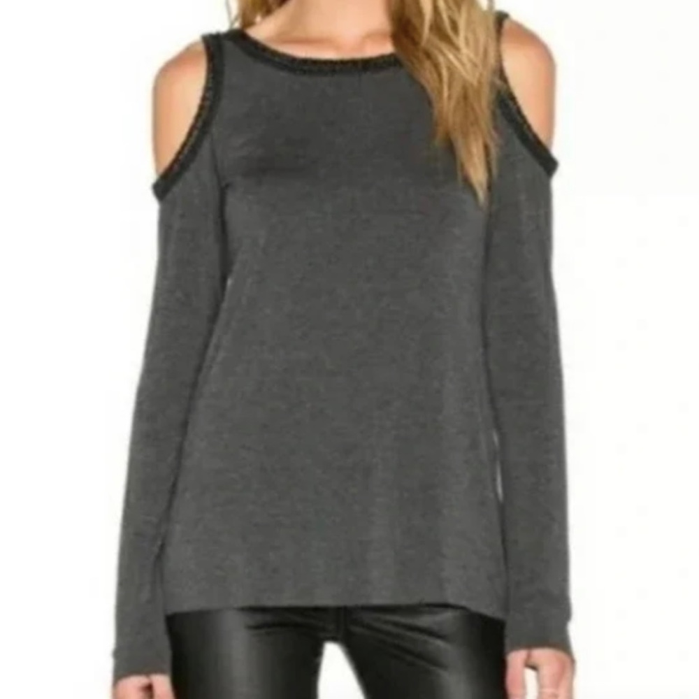 Bailey44 Gray Black Cold Shoulder Long Sleeve Top Blouse Shirt Cut Outs Size M